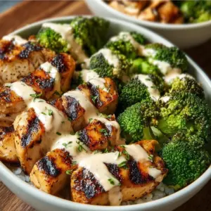 Grilled chicken bowls with broccoli and creamy garlic sauce served in a vibrant dish