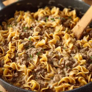 Delicious plate of homemade Ground Beef Stroganoff served with noodles