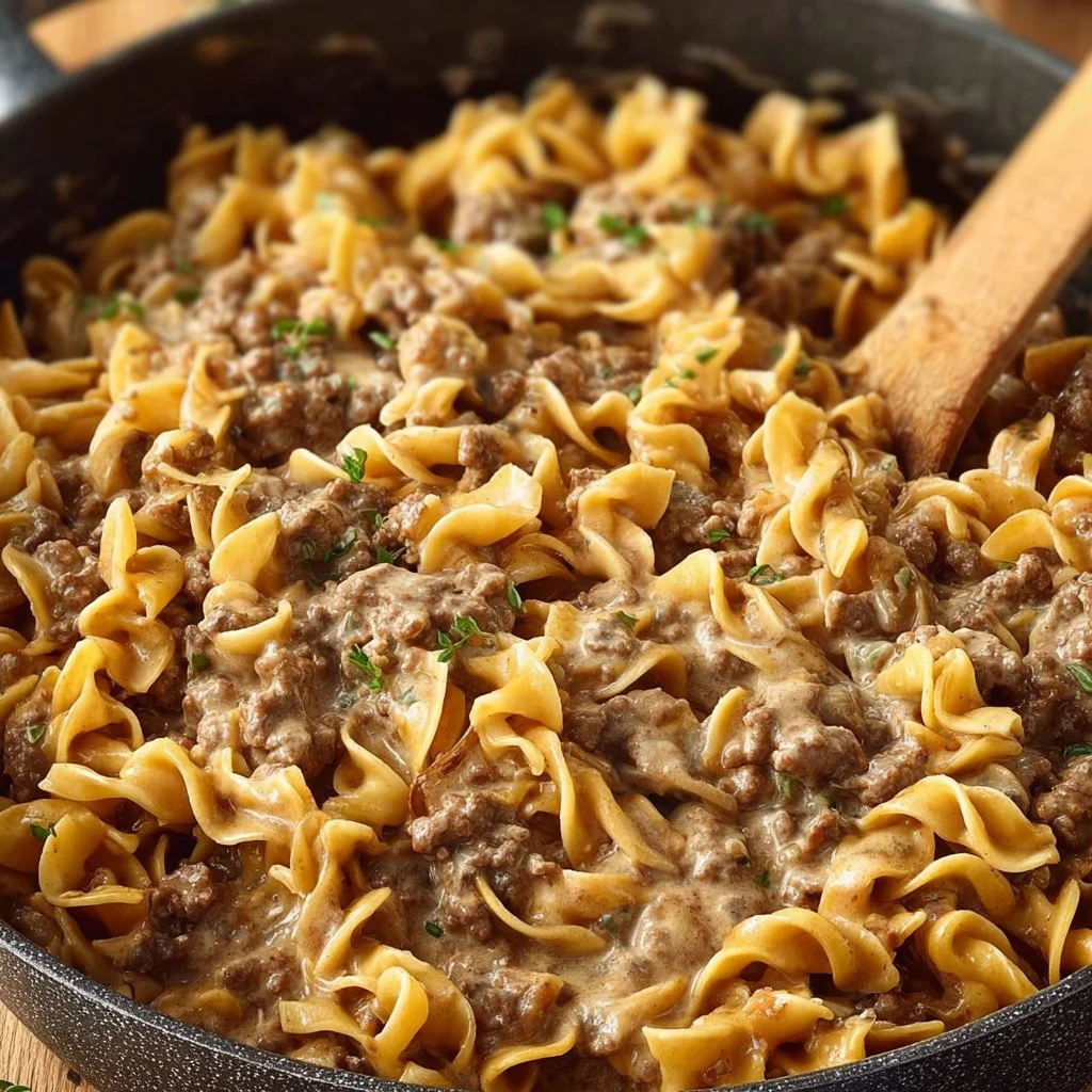 Delicious plate of homemade Ground Beef Stroganoff served with noodles