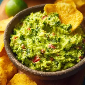 Freshly made guacamole served in a bowl with tortilla chips