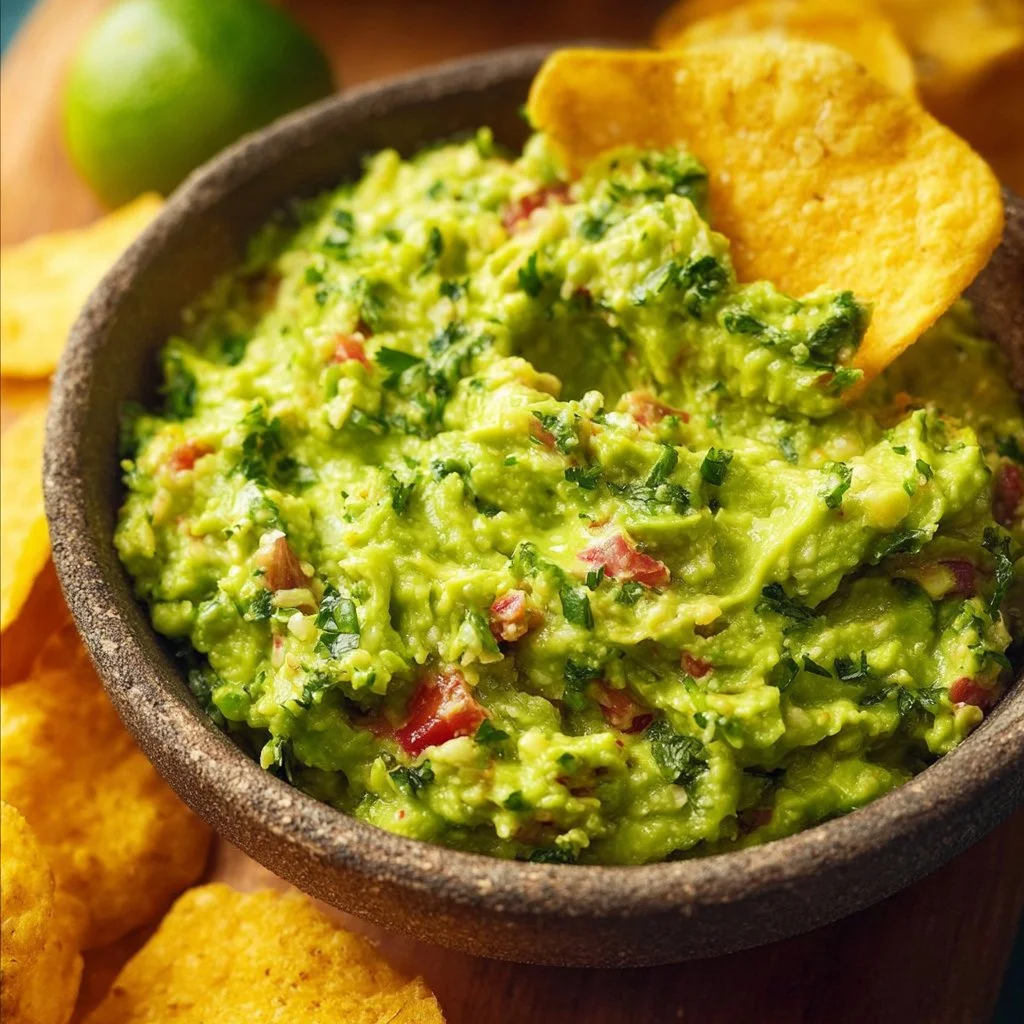 Freshly made guacamole served in a bowl with tortilla chips