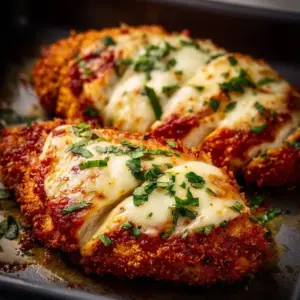 Guilt-free chicken parmesan served with a side of fresh herbs and marinara sauce