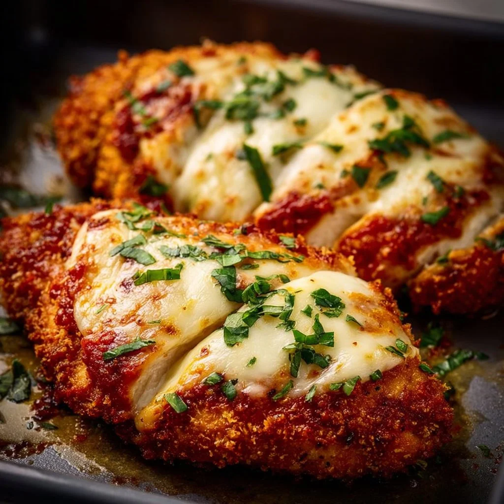 Guilt-free chicken parmesan served with a side of fresh herbs and marinara sauce