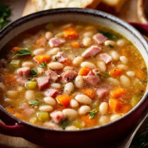 Bowl of delicious homemade Ham and Bean Soup with herbs and spices