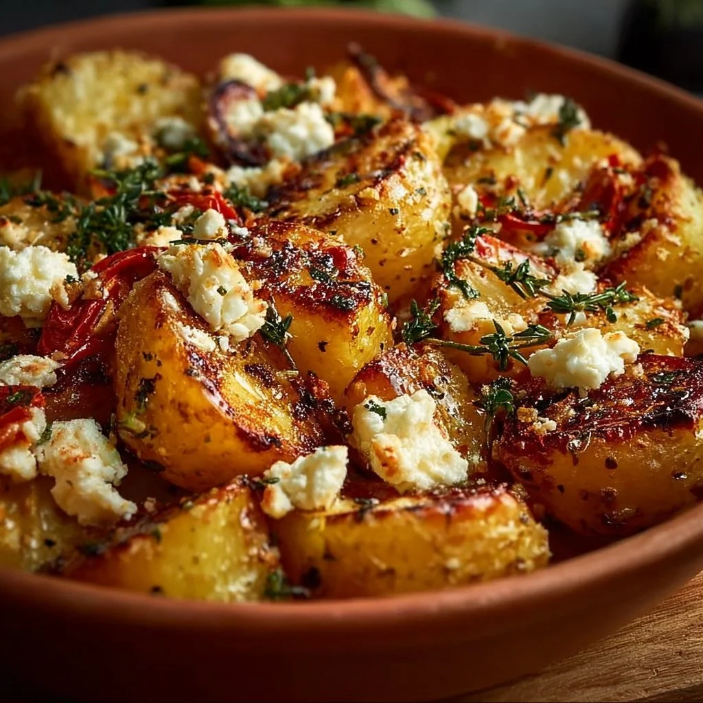 Healthy baked feta potatoes topped with herbs and spices in a serving dish