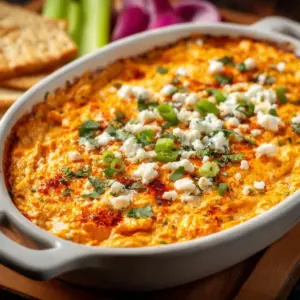Healthy Cottage Cheese Buffalo Chicken Dip served in a bowl with fresh veggies