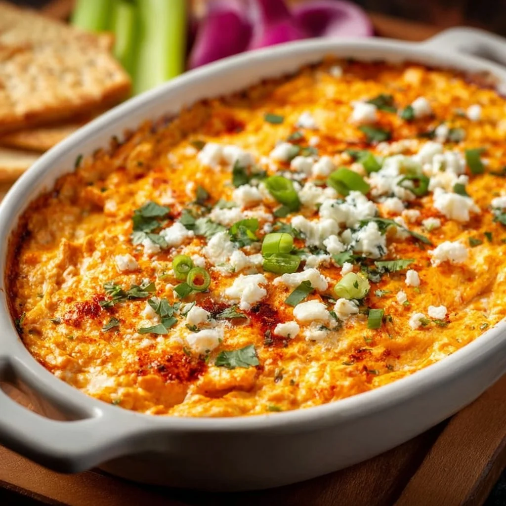 Healthy Cottage Cheese Buffalo Chicken Dip served in a bowl with fresh veggies