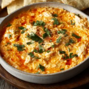 High protein buffalo chicken dip served in a bowl with tortilla chips