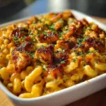 High Protein Honey BBQ Chicken Mac & Cheese dish served in a bowl
