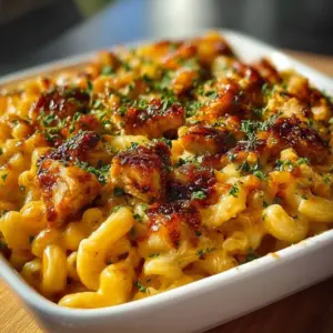 High Protein Honey BBQ Chicken Mac & Cheese dish served in a bowl