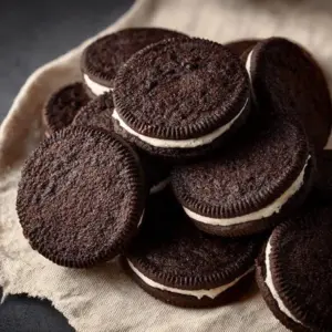 Delicious homemade Oreo cookies on a plate with a glass of milk