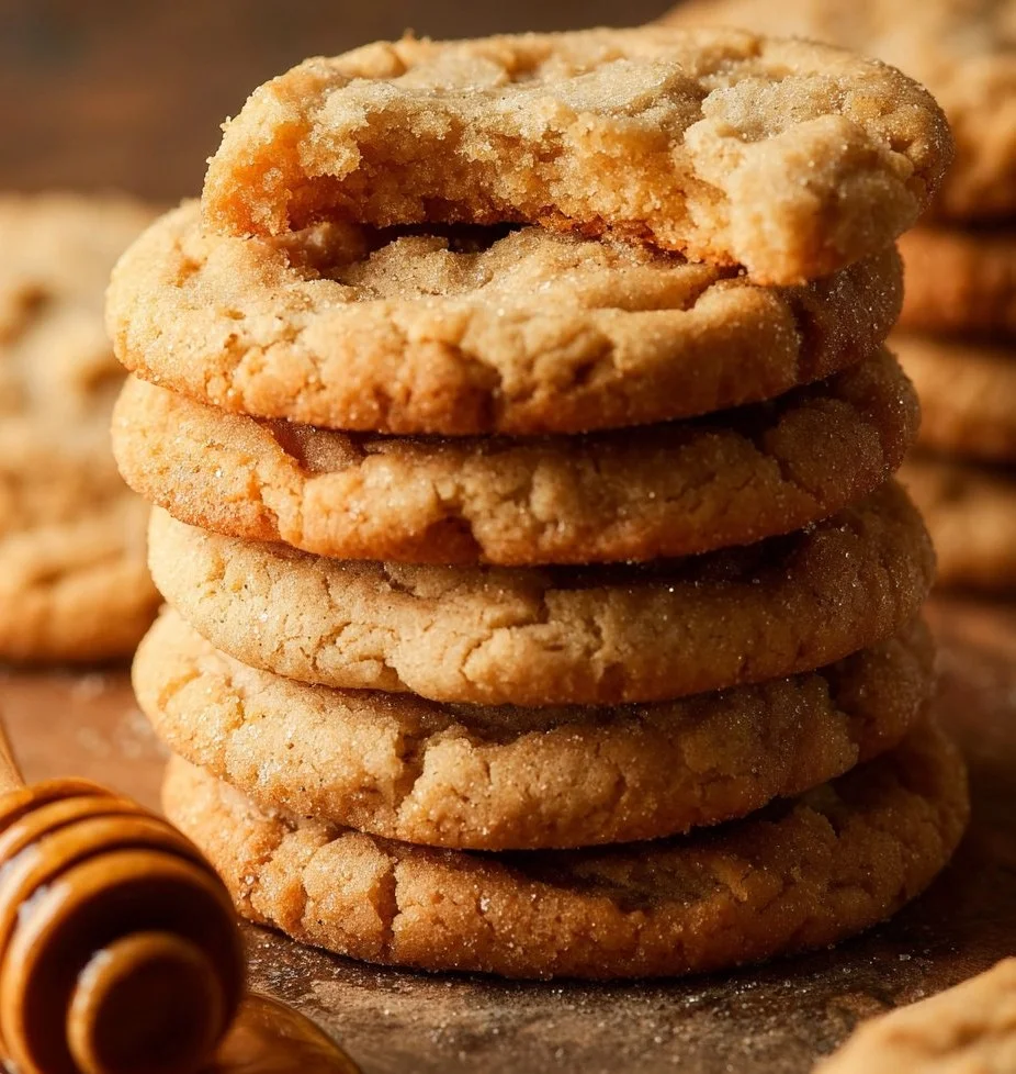 A plate of freshly baked honey cookies with a golden brown hue and drizzled honey.