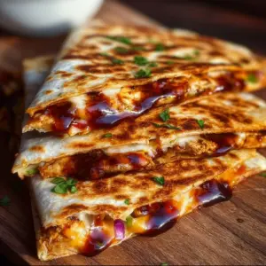 Hot Honey BBQ Chicken Quesadillas served on a plate with dipping sauce