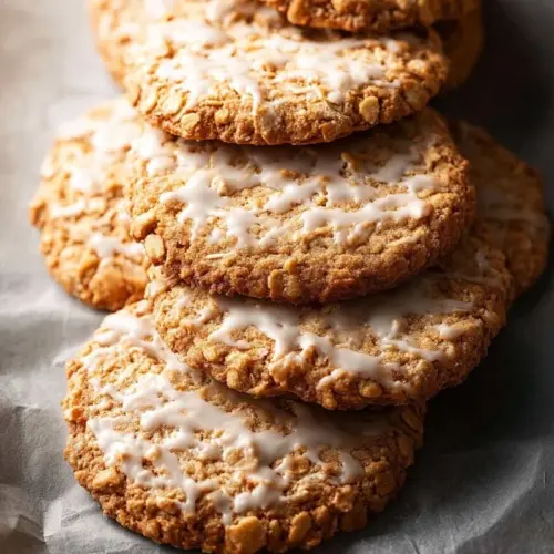 Freshly baked iced oatmeal cookies with a sweet frosting on top.