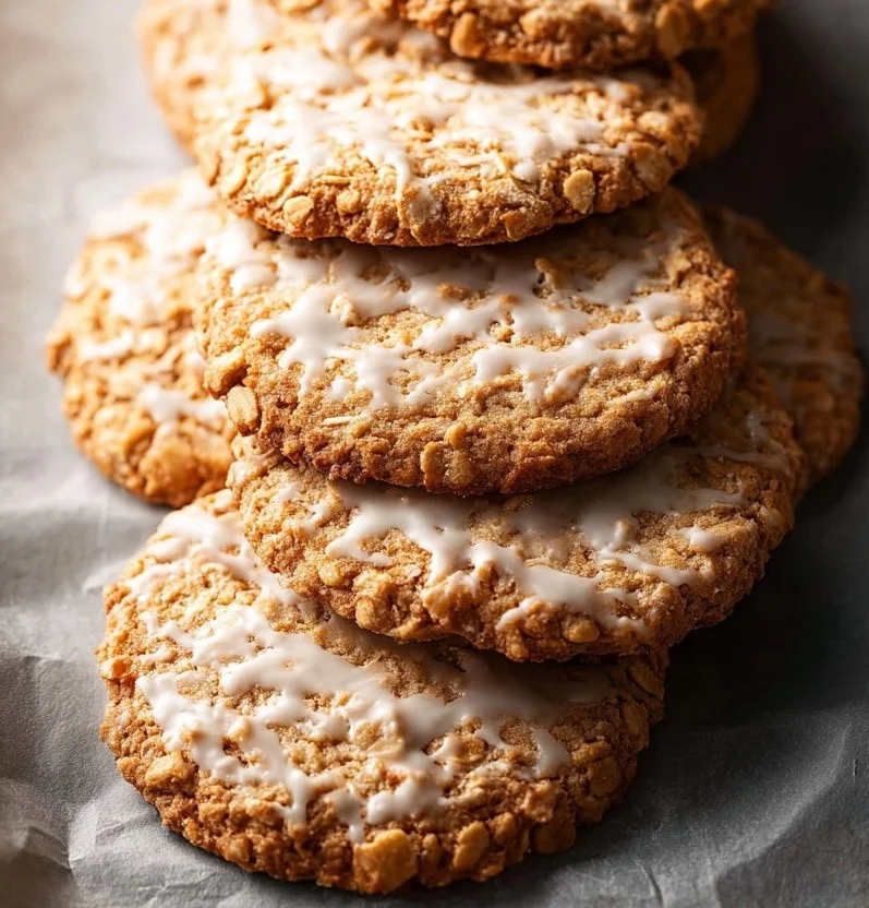Freshly baked iced oatmeal cookies with a sweet frosting on top.