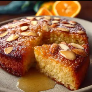 Slice of irresistible orange almond cake with almonds and citrus glaze