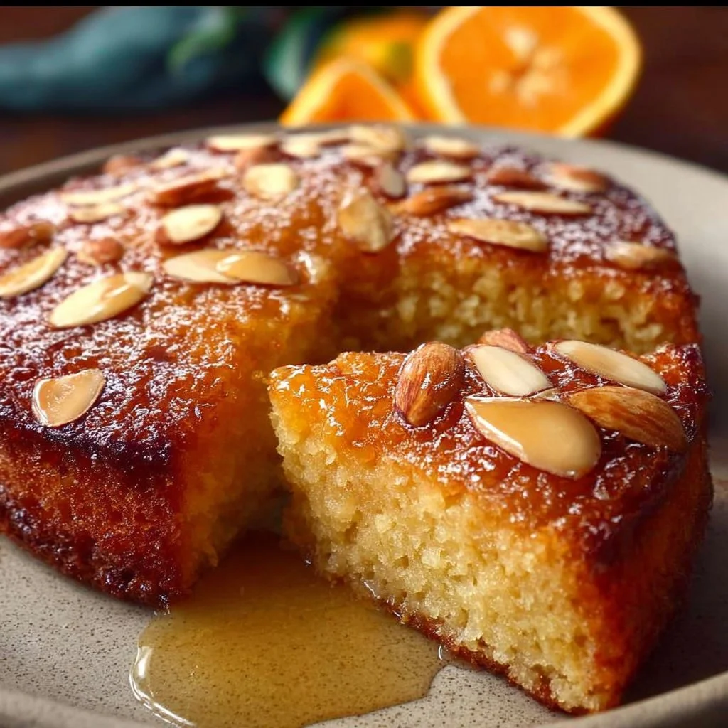 Slice of irresistible orange almond cake with almonds and citrus glaze