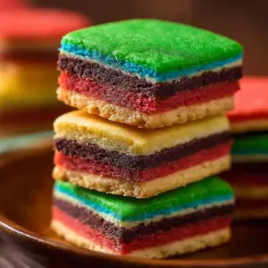 Plate of colorful Italian Rainbow Cookies stacked together