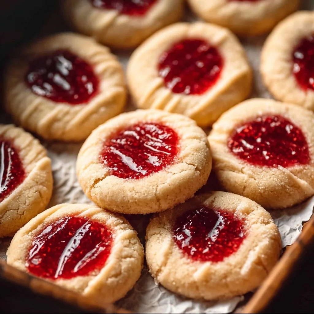 Freshly baked Jam Thumbprint Cookies with colorful fruit jam centers
