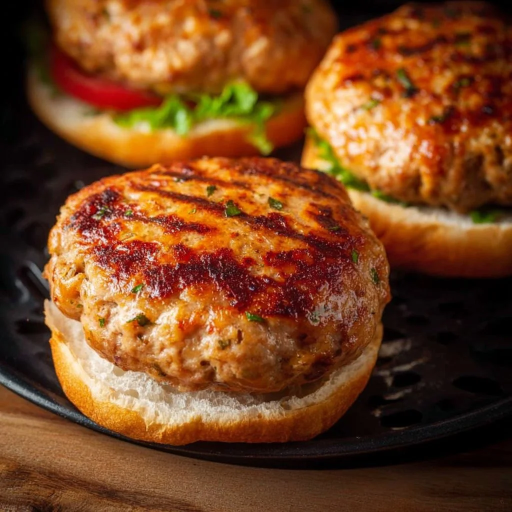 Delicious and juicy air fryer turkey burgers on a plate