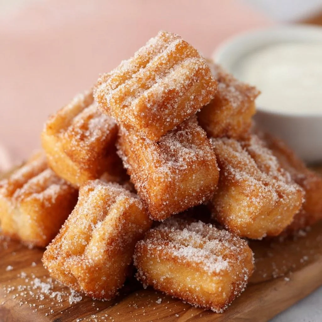 Delicious Juicy Angel Cake Churro Bites served with dipping sauce