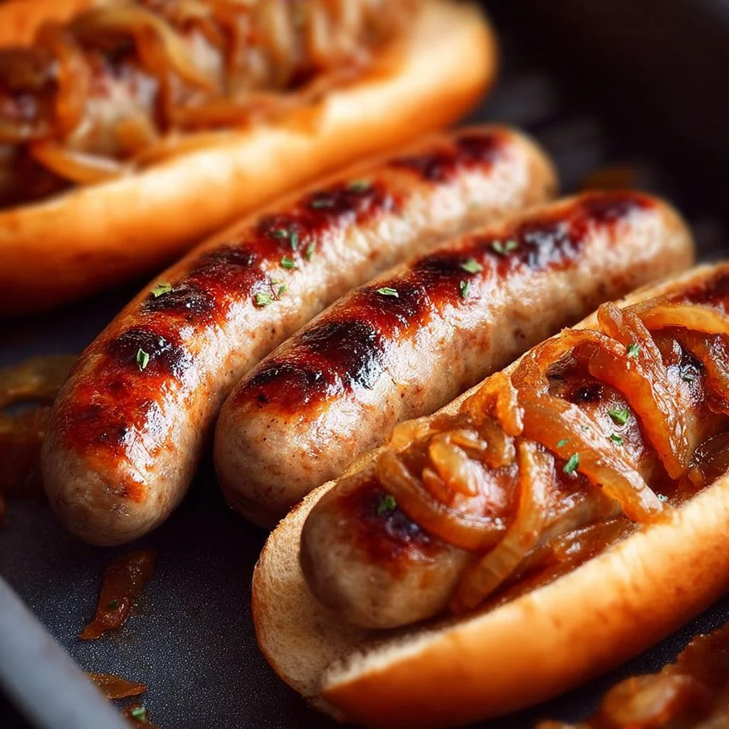 Air fryer juicy brats cooking to perfection, golden brown and ready to serve.