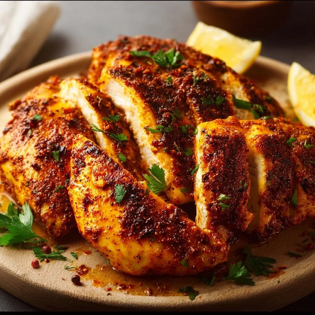 Juicy tender baked chicken served on a plate with herbs and spices