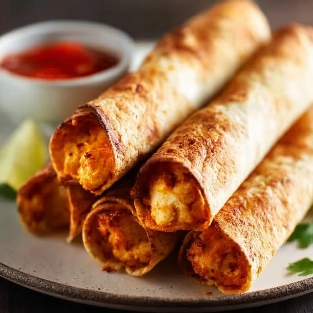 Delicious air fryer chicken taquitos served with dipping sauce.