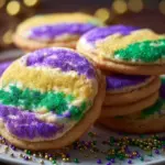 Delicious King Cake Cookies with colorful icing and sprinkles, inspired by Mardi Gras.