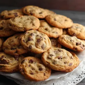 Large batch of freshly baked chocolate chip cookies on a cooling rack.