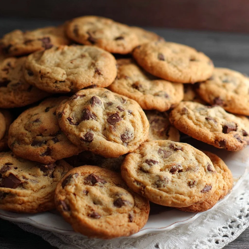 Large batch of freshly baked chocolate chip cookies on a cooling rack.