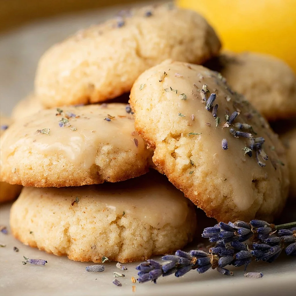 Plate of freshly baked Lavender Lemon Cookies with a floral garnish.