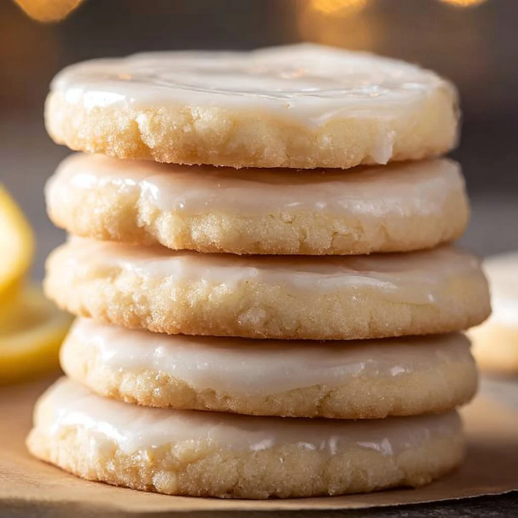 Freshly baked lemon cookies on a plate, garnished with lemon slices.