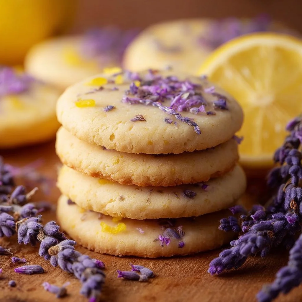 Delicious lemon lavender cookies topped with lemon zest and lavender buds.