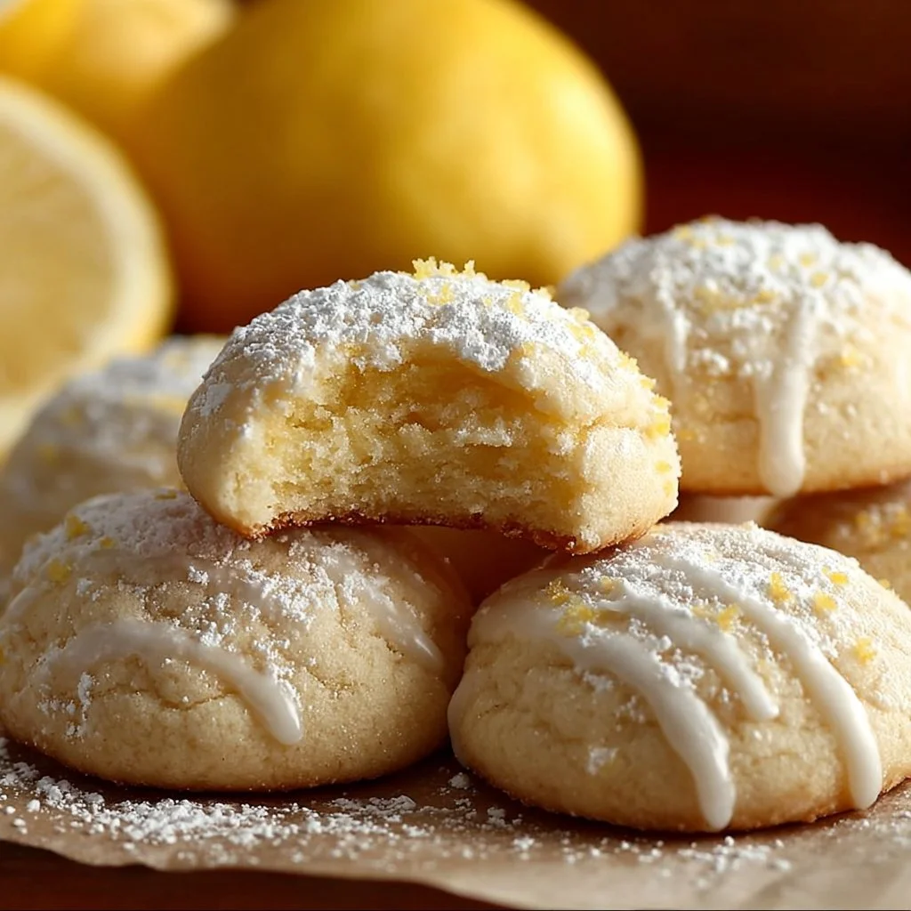 Plate of delicious homemade Lemon Meltaways cookies sprinkled with powdered sugar.