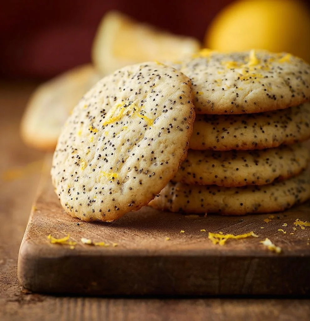Freshly baked lemon poppyseed cookies with a sprinkle of poppy seeds and lemon zest