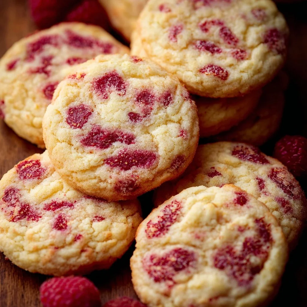 Freshly baked lemon raspberry cookies on a cooling rack