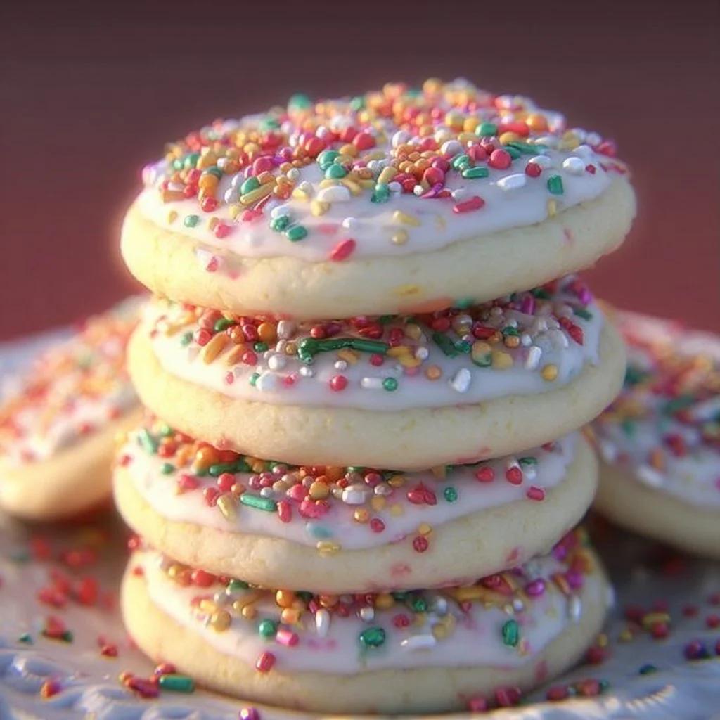 Delicious Lofthouse sugar cookies topped with colorful frosting.