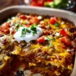 Low carb Mexican casserole topped with cheese and vegetables in a baking dish.