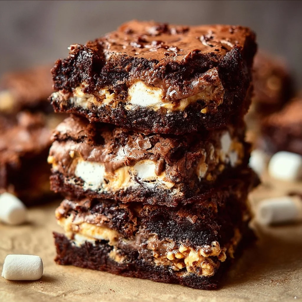 Delicious Marshmallow Crunch Brownies topped with crispy marshmallow crunch.