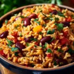 Delicious Mediterranean Rice and Beans served in a bowl with fresh herbs