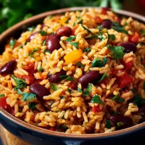 Delicious Mediterranean Rice and Beans served in a bowl with fresh herbs