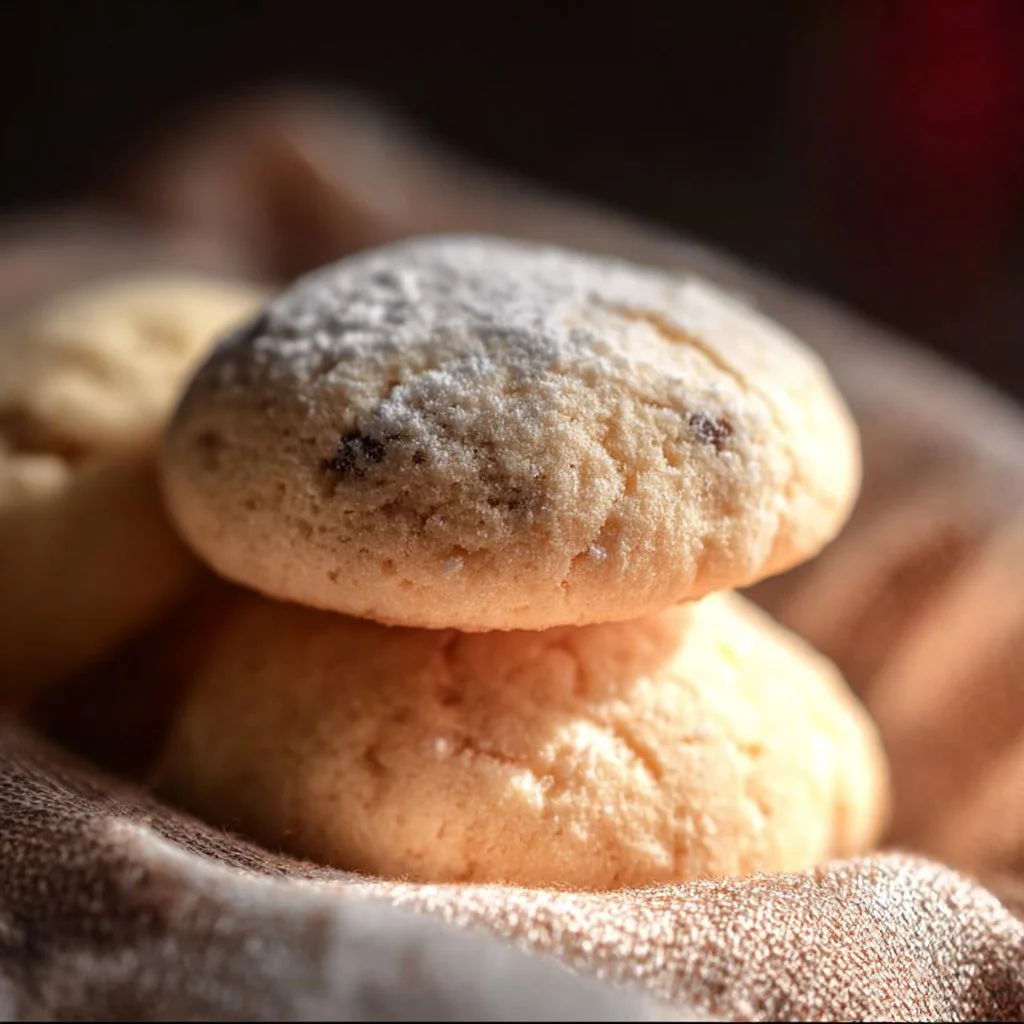 Plate of homemade Melting Moments cookies dusted with powdered sugar