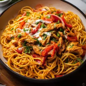Delicious Mexican Chicken Spaghetti dish prepared with spices and ingredients.