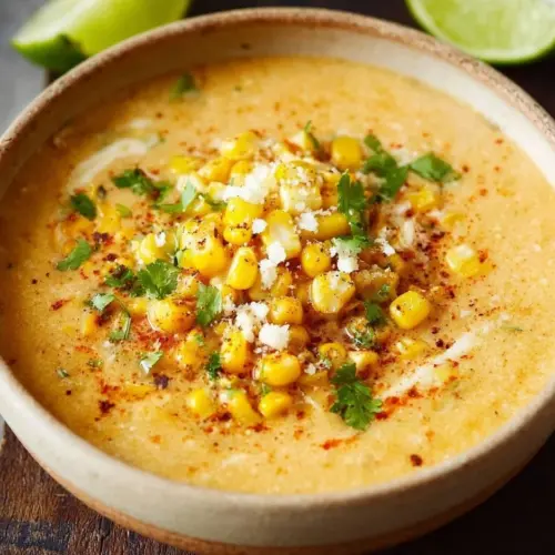 Bowl of delicious Mexican corn chowder garnished with cilantro and lime.