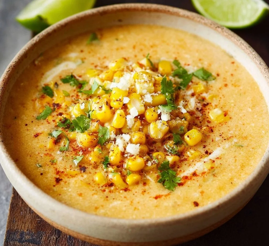 Bowl of delicious Mexican corn chowder garnished with cilantro and lime.