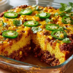 Delicious Mexican cornbread casserole topped with cheese and salsa in a baking dish
