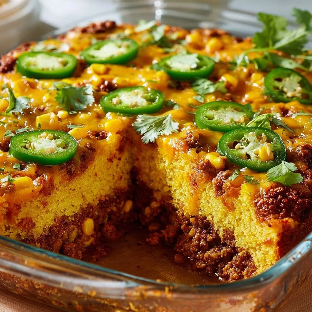 Delicious Mexican cornbread casserole topped with cheese and salsa in a baking dish