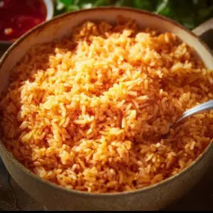 A plate of vibrant Mexican Red Rice garnished with cilantro and lime.