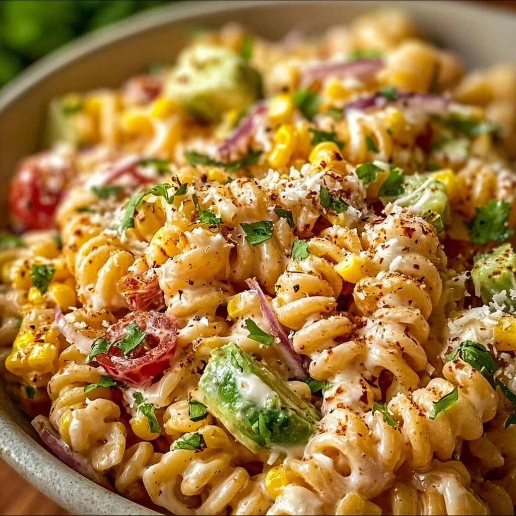 Delicious Mexican street corn salad with pasta, fresh ingredients, and vibrant colors.